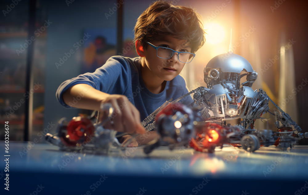 Young latino boy concentrating building a robot, kids children education learning lesson robotics school science hobby activity childhood - obrazy, fototapety, plakaty 