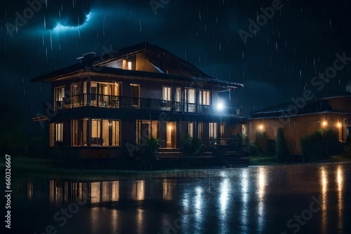 Storm rain house night. 