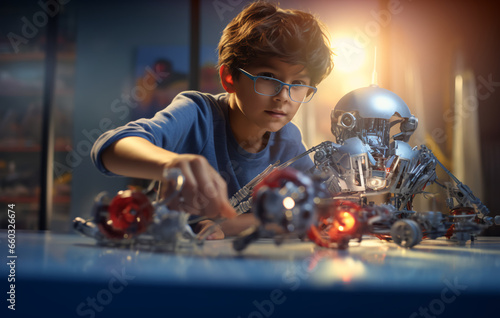 Young latino boy concentrating building a robot, kids children education learning lesson robotics school science hobby activity childhood photo