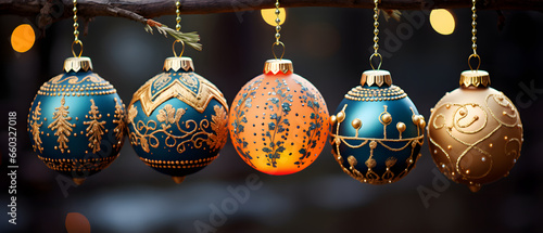 Close up of balls Decorative Christmas decorations with blurred background