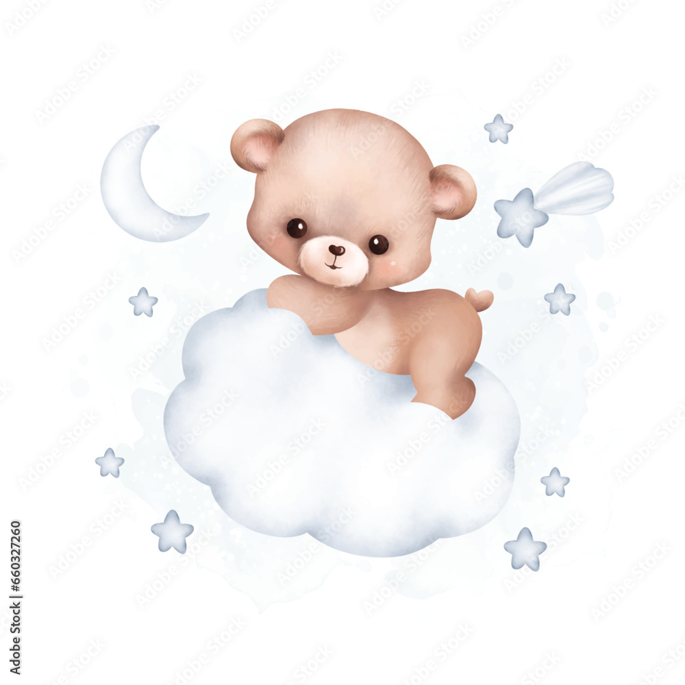 Watercolor Illustration Teddy Bear on the cloud with stars