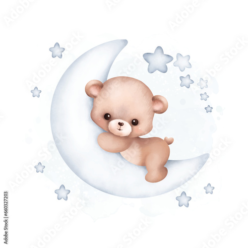 Watercolor Illustration Teddy Bear on the moon with stars