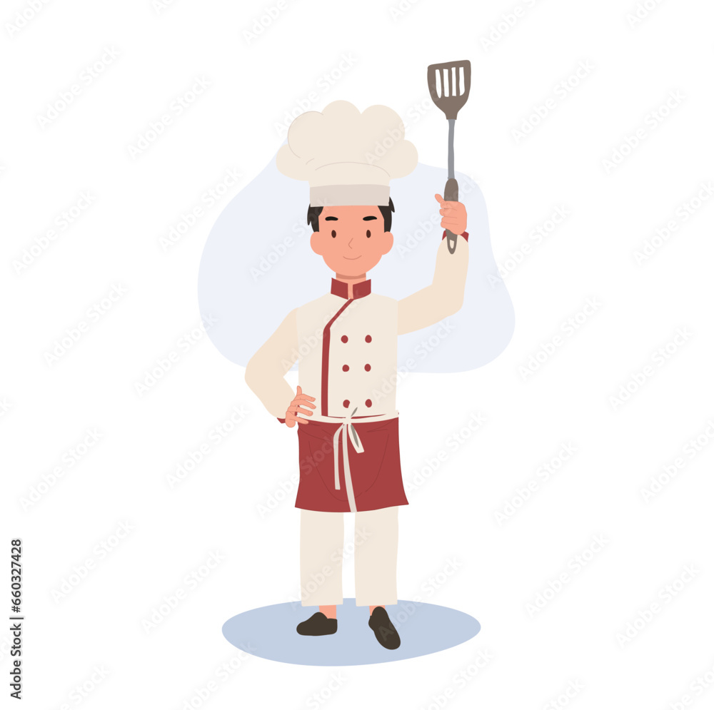 Adorable Little Chef Boy in Apron. Smiling Child Chef with Flipper Adorable Little Chef Boy in Apron. Smiling Child Chef with Flipper