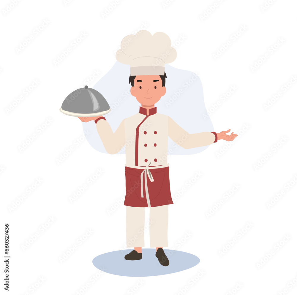 Cute Young Chef in Chef's Uniform Serving a Gourmet Meal with Welcome Sign. Cute Young Chef in Chef's Uniform Serving a Gourmet Meal with Welcome Sign.