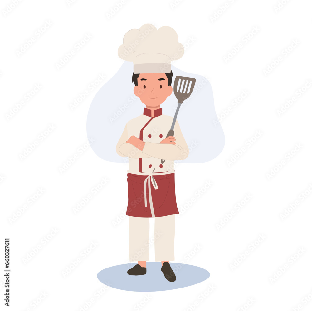 Confident Young Kid Chef with Crossed Arms and holding flipper. Junior Chef in Chef Hat. Confident Young Kid Chef with Crossed Arms and holding flipper. Junior Chef in Chef Hat.