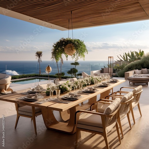 Modern Open Concept Villardiner Flamboyant Table Setting Style With Outdoor Terrace Overlooking the Sea