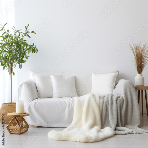 Cute sofa with plush blanket and grey woolen throw against white wall with copy space. Hygge home interior design of modern living room. photo