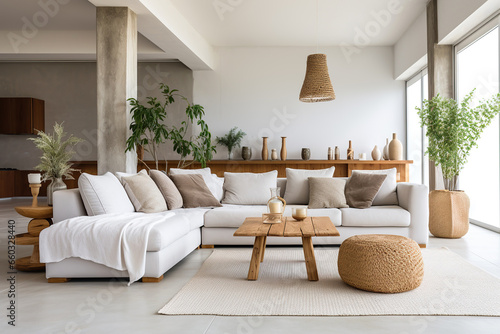 Studio apartment with white corner sofa. Scandinavian home interior design of modern living room.