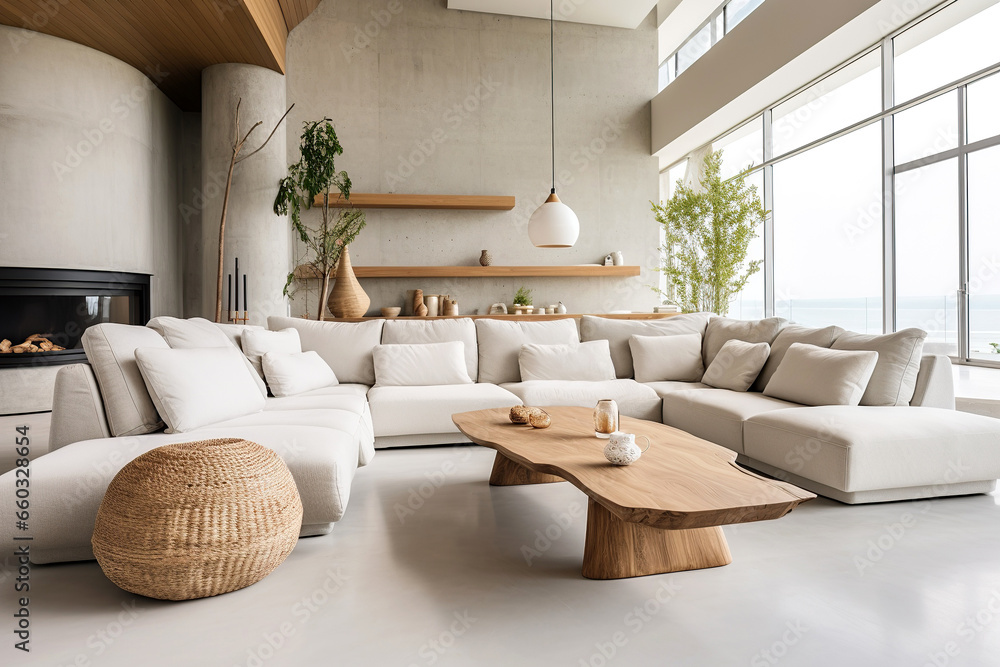 Naklejka premium Live edge accent coffee table near white corner modular sofa in room with panoramic windows. Minimalist, loft home interior design of modern living room.