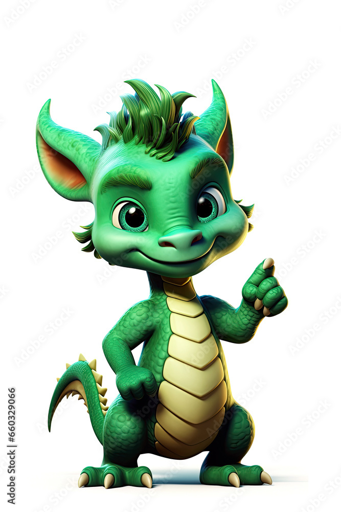 small green dragon points finger at copy space on white isolated background. Cartoon character is symbol of new year 2024. Generative AI small green dragon points finger at copy space on white isolated background. Cartoon character is symbol of new year 2024. Generative AI