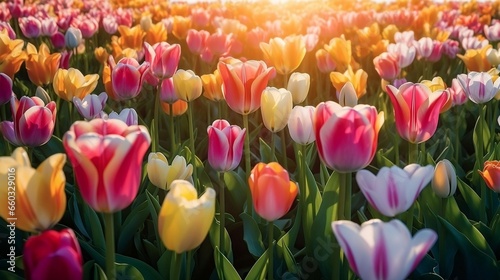 Colorful Tulip Field at Sunset