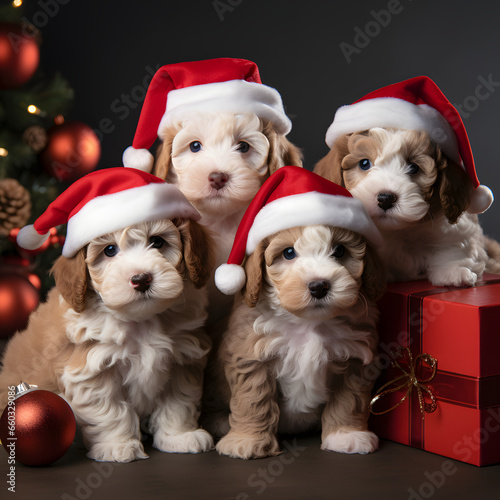 Cute fluffy dog puppy in red caps, against the background of a Christmas © bravissimos