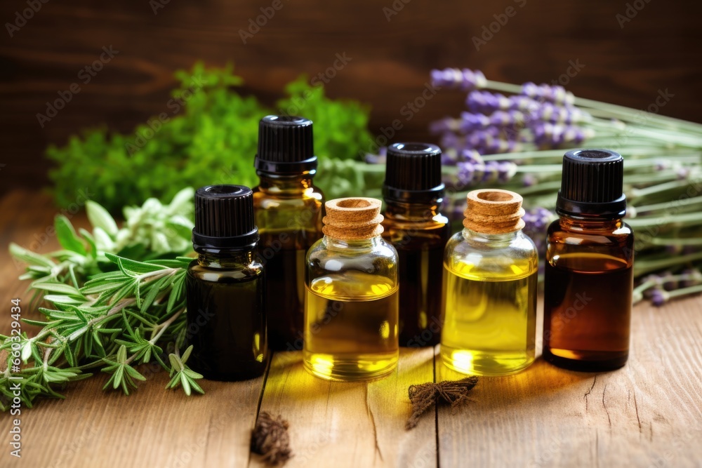 essential oil bottles arranged on a wood table next to herbs