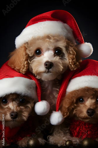 Cute fluffy dog puppy in red caps, against the background of a Christmas