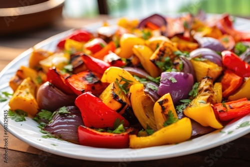 plate of roasted vegetables featuring colorful bell peppers