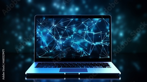 Futuristic communication polygonal 3d laptop made of linear polygons in dark blue color. Online business, it, network, support, services app concept. 