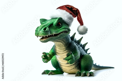 green dragon in Santa Claus hat on white isolated background. Cartoon character. Symbol of new year 2024. Generative AI illustration © alexkoral