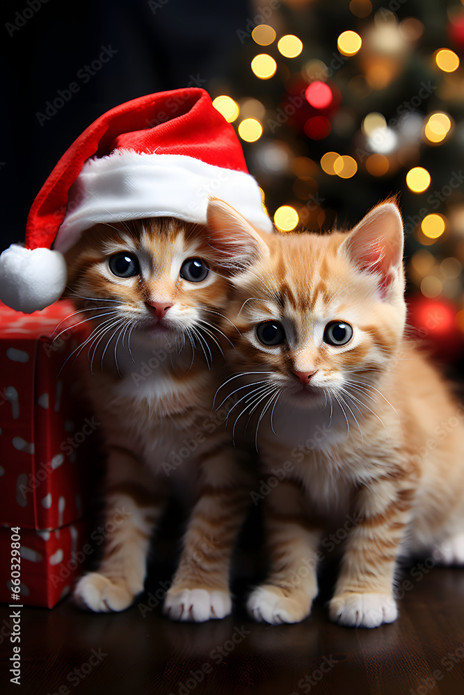 Cute fluffy kittens in red caps, against the background of a Christmas fir-tree. Christmas holiday style Cute fluffy kittens in red caps, against the background of a Christmas fir-tree. Christmas holiday style