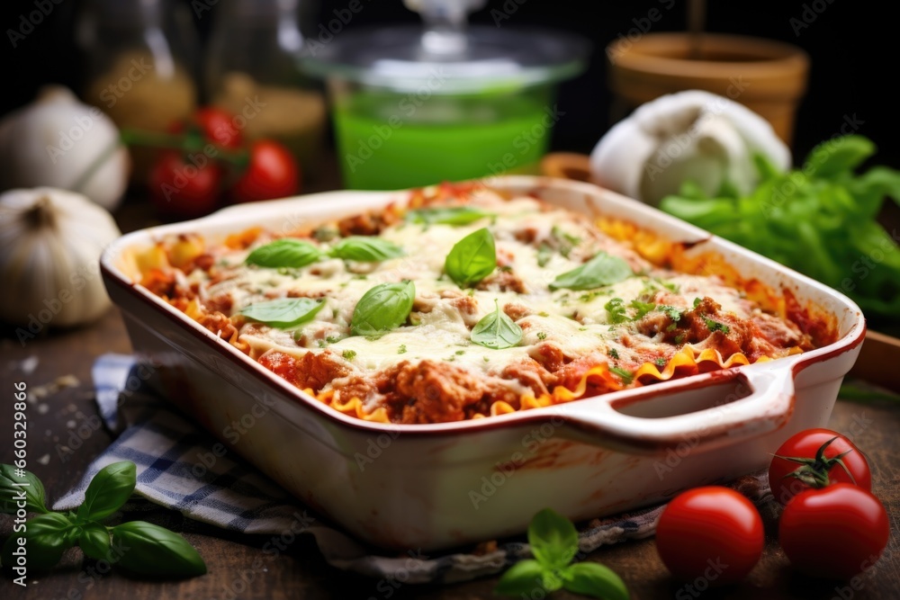 casserole dish filled with freshly baked lasagna casserole dish filled with freshly baked lasagna