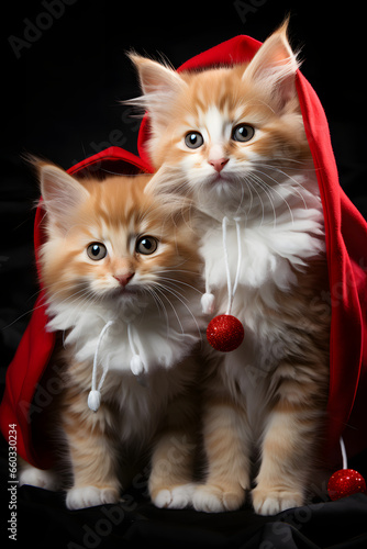 Cute fluffy kittens in red caps, against the background of a Christmas fir-tree. Christmas holiday style © bravissimos