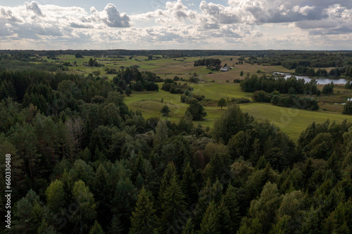 Drone photography of forest, meadow and a farm in the background