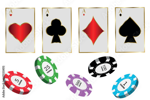 Casino. Set of four aces in gold design with colored playing chips for gambling and casino on a white background. Casino banner concept. Vector illustration.