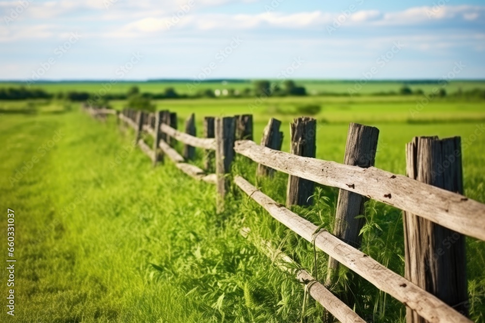 rustic wooden fence against a green field