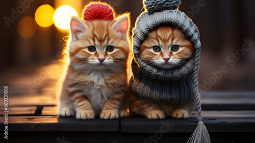 Cute fluffy kittens in red caps, against the background of a Christmas fir-tree. Christmas holiday style