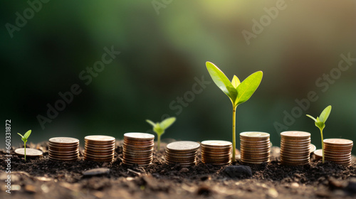 The coins are stacked on the ground and the seedling