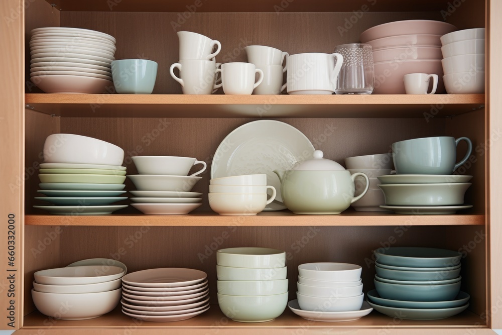 ceramic dishware neatly arranged in kitchen cabinet ceramic dishware neatly arranged in kitchen cabinet