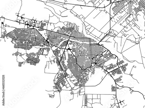Vector road map of the city of  Ciudad Acuna in Mexico with black roads on a white background.