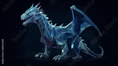 Futuristic dragon symbol of the new year 2024 linear polygonal made of linear polygons on dark blue background.