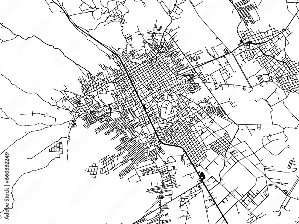 Vector road map of the city of  Comitan in Mexico with black roads on a white background.