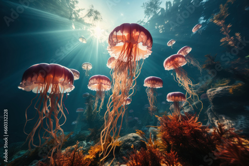 Multitude of beautiful pink jellyfish floating underwater filling the entire frame