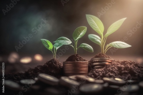 Seedling are growing on coins are stacked and the seed. Economic growth  investments. Generative AI.