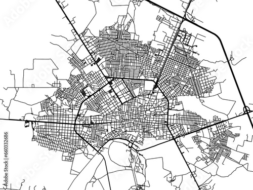 Vector road map of the city of  Fresnillo in Mexico with black roads on a white background.