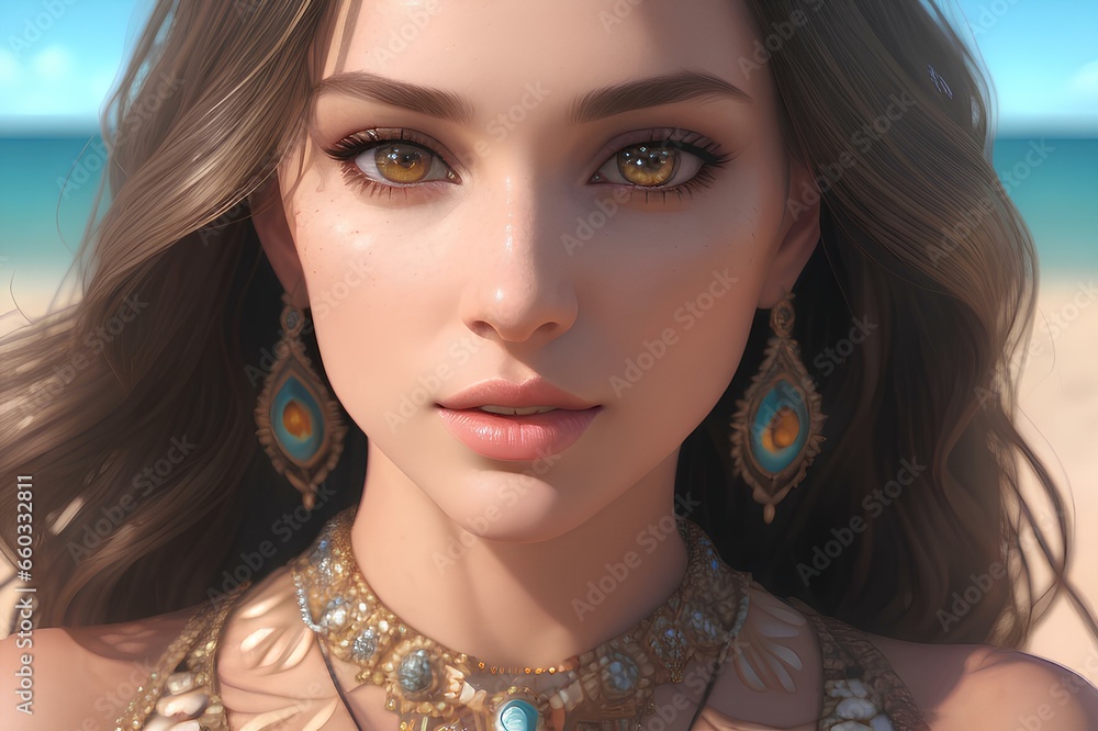 Exotic woman in beachwear detailed face cinematic artistic highly detailed trending artwork . 