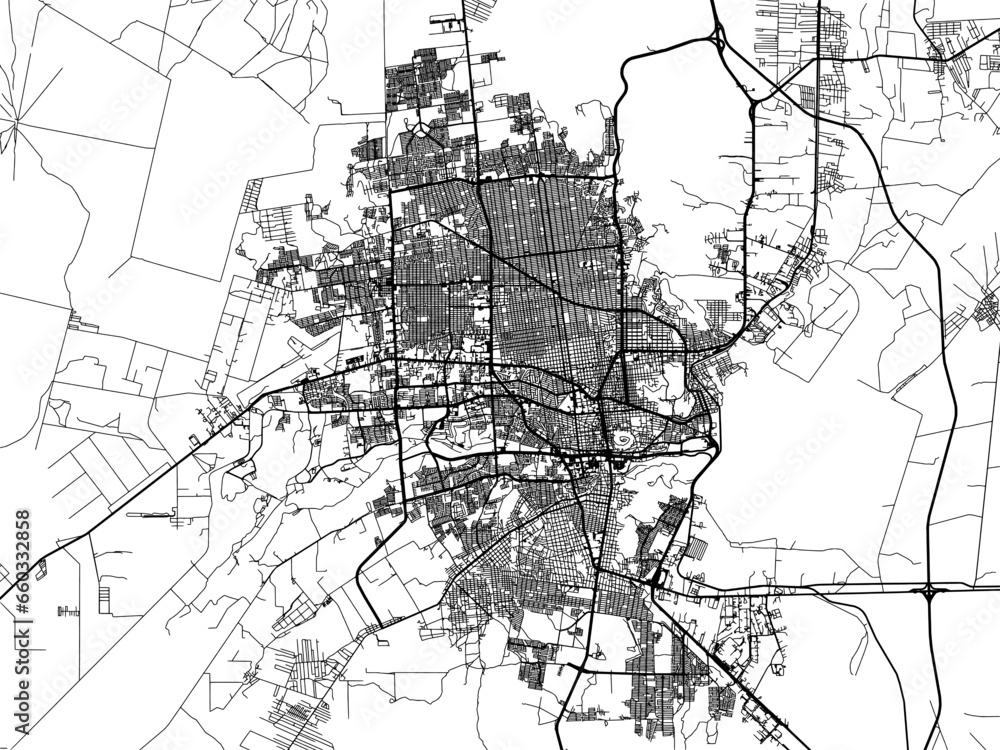 Vector road map of the city of  Hermosillo in Mexico with black roads on a white background.