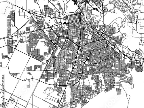 Vector road map of the city of  Heroica Matamoros in Mexico with black roads on a white background.