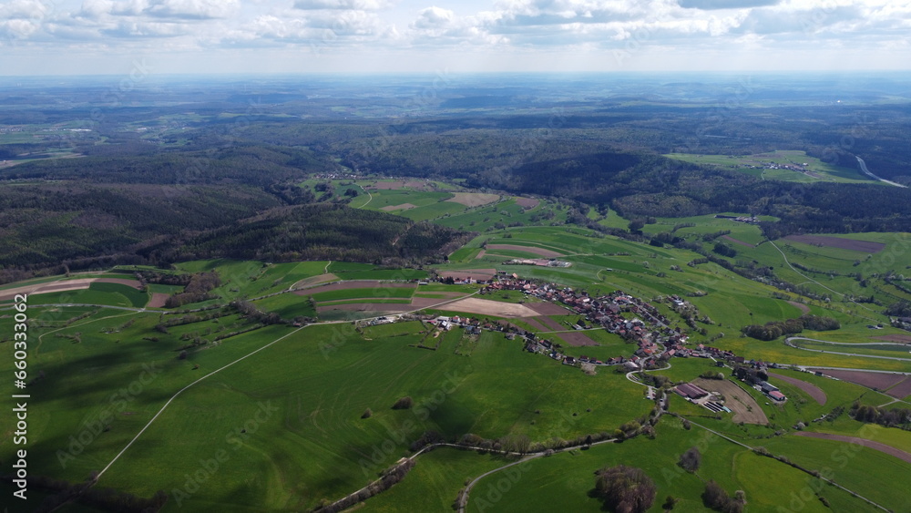 Drone footage of a german Village on the countryside in spring