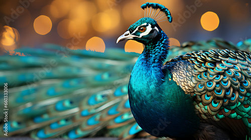 Close up of bird, peacock Decorative decorations bokeh background