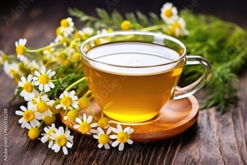bunch of fresh chamomile flowers next to the tea