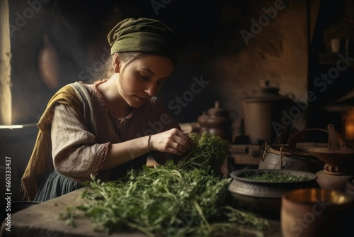 Young woman herbalist preparing medicinal herbs  rural atmosphere. Generative Ai.
