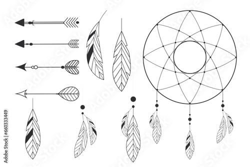 Set tribal dream catcher native ornament with feathers hanging indian amulet arrows line doodle style isolated on white background.