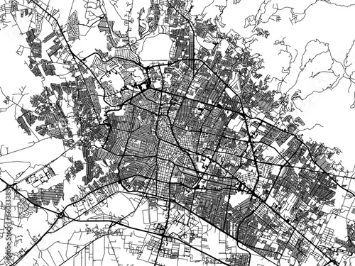 Vector road map of the city of  Leon de los Aldama in Mexico with black roads on a white background.