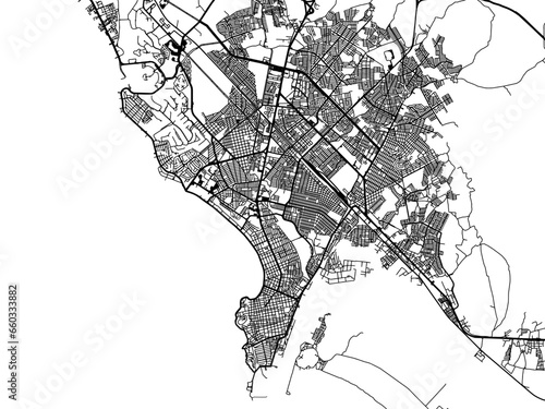 Vector road map of the city of  Mazatlan in Mexico with black roads on a white background.