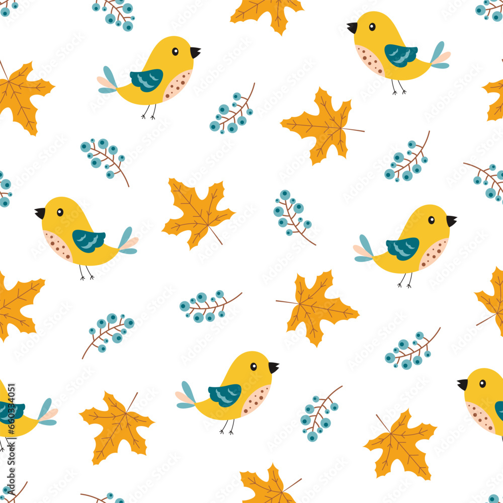 autumn seamless pattern with cute bird and leaves