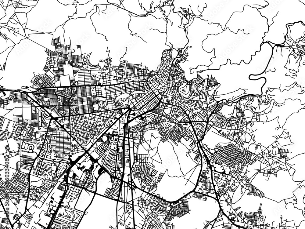 Fototapeta premium Vector road map of the city of Pachuca de Soto in Mexico with black roads on a white background.