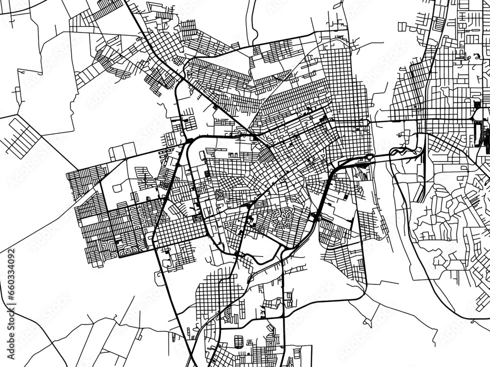 Vector road map of the city of  Piedras Negras in Mexico with black roads on a white background.