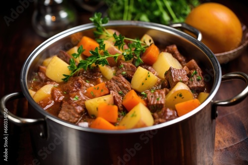 irish beef stew served in a metal pot